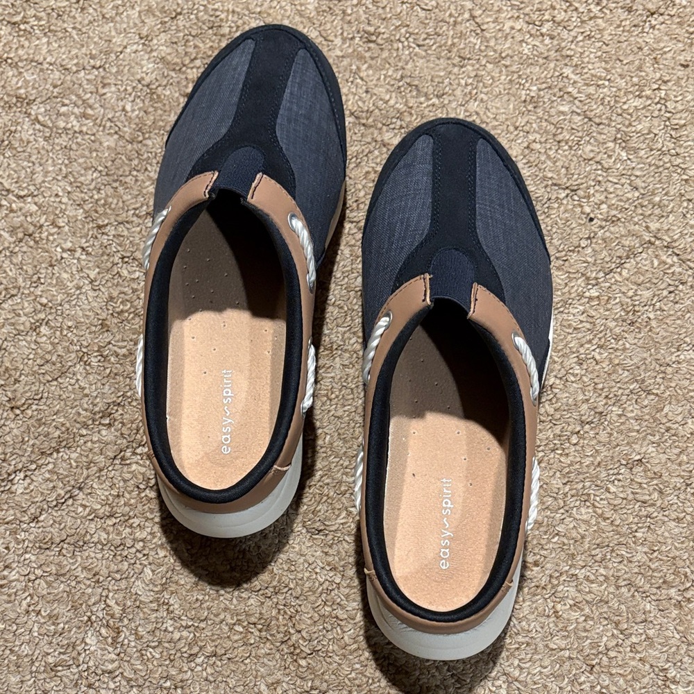Easy Street Navy Blue Faux Suede/Jean and Tan Women's Loafers - Picture 2 of 7
